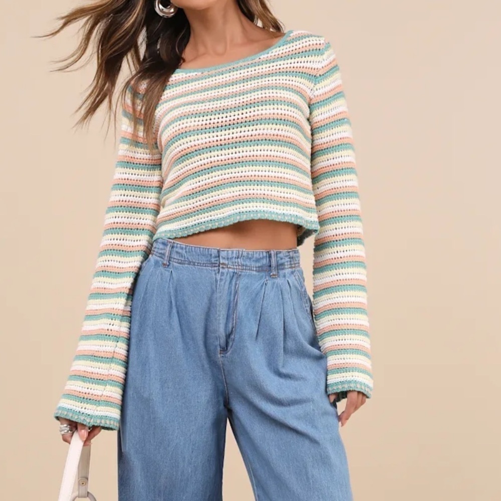 Lulus Cutest Intrigue Teal Multi Striped Crochet Sweater Top Sz L